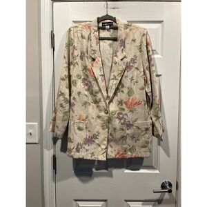 Sag Harbor Vintage Floral Linen Blend Blazer Jacket Tan Pink Purple Size 16‎